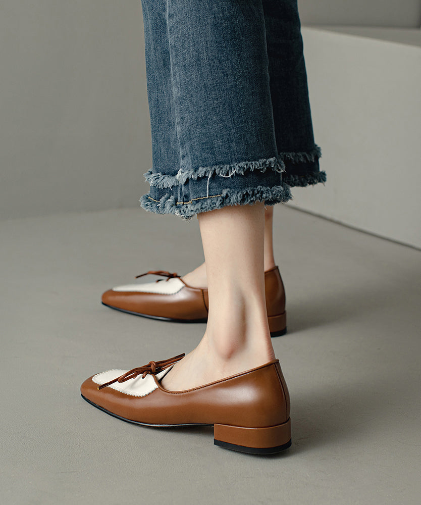 Flats Lace Leather Up Original Brown Splicing Cowhide Design