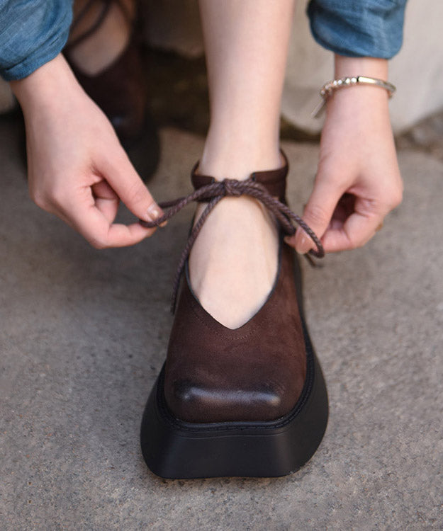 Cowhide Original Lace Up Leather Platform Design Coffee Shoes