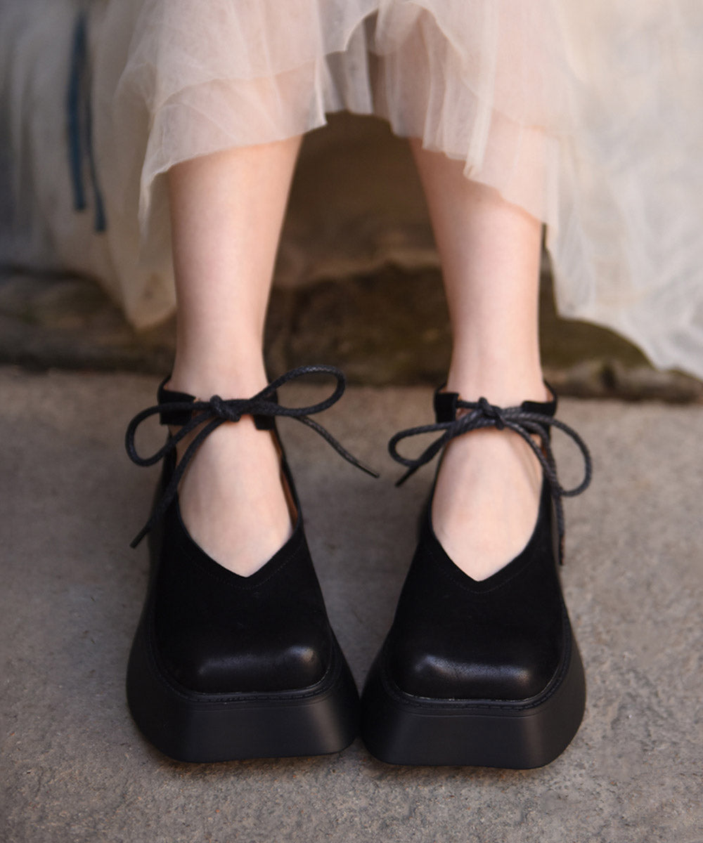 Cowhide Original Lace Up Leather Platform Design Coffee Shoes