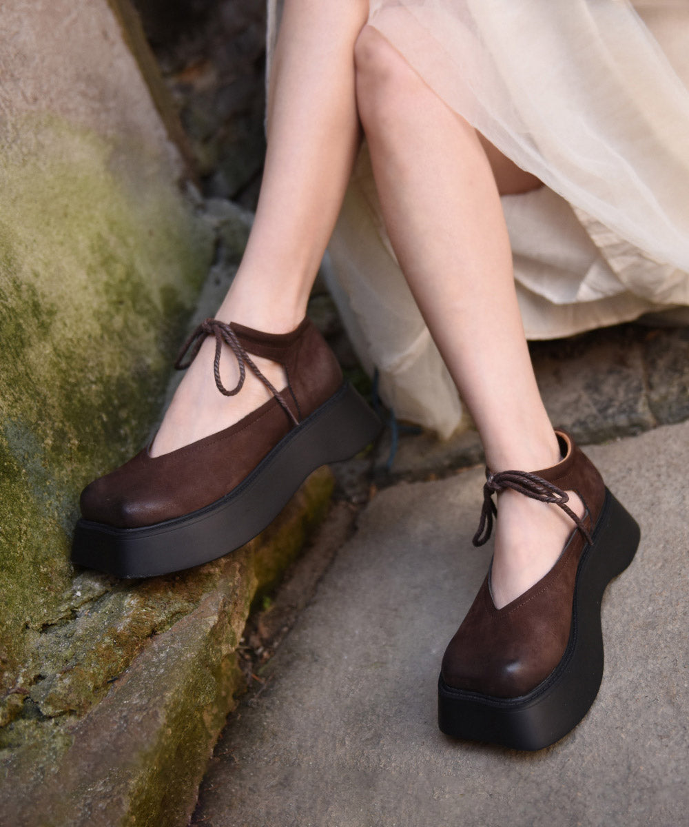 Cowhide Original Lace Up Leather Platform Design Coffee Shoes