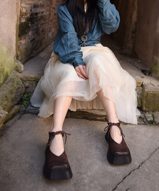 Cowhide Original Lace Up Leather Platform Design Coffee Shoes