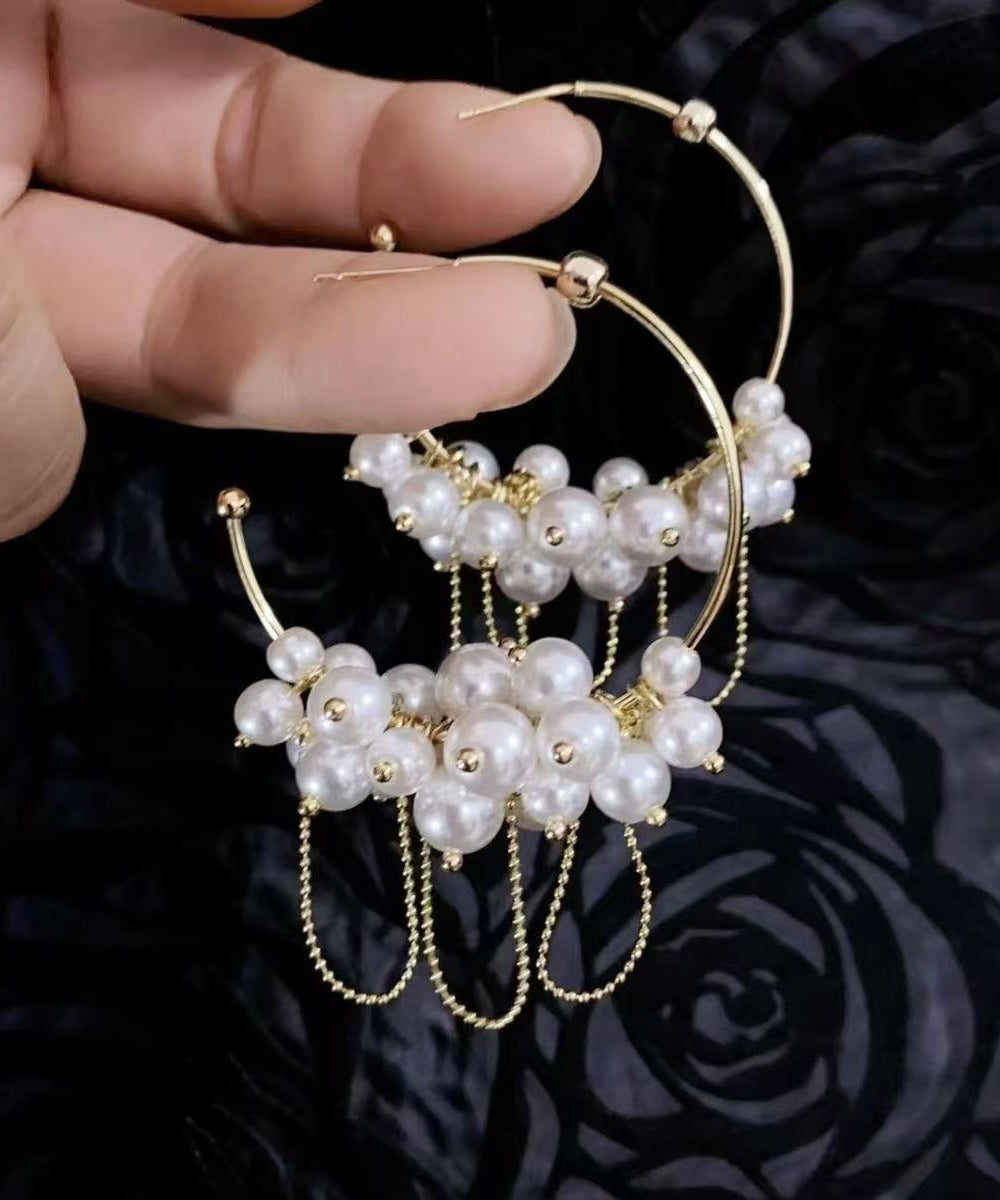 Original Design Gold Copper Alloy Pearl Tassel Hoop Earrings EY013