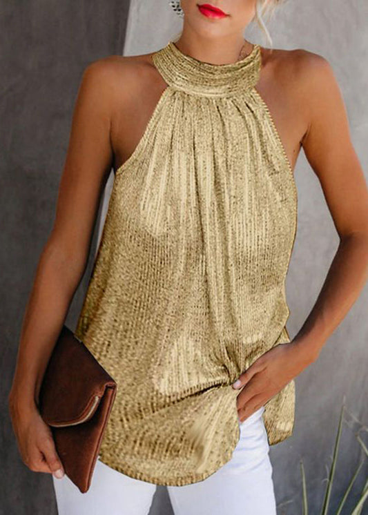 Sleeveless Wrinkled Design Top Gold Turtleneck Original
