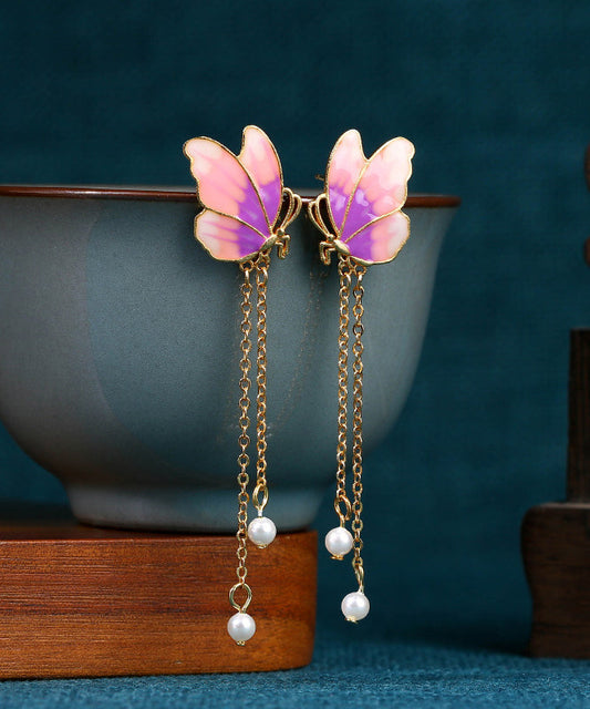 Original Design Gradient Color Ancient Gold Pearl Butterfly Tassel Earrings GH1082