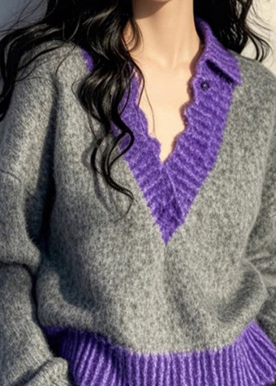 Original Design Grey V Neck Patchwork Knit Pullover Spring TN043