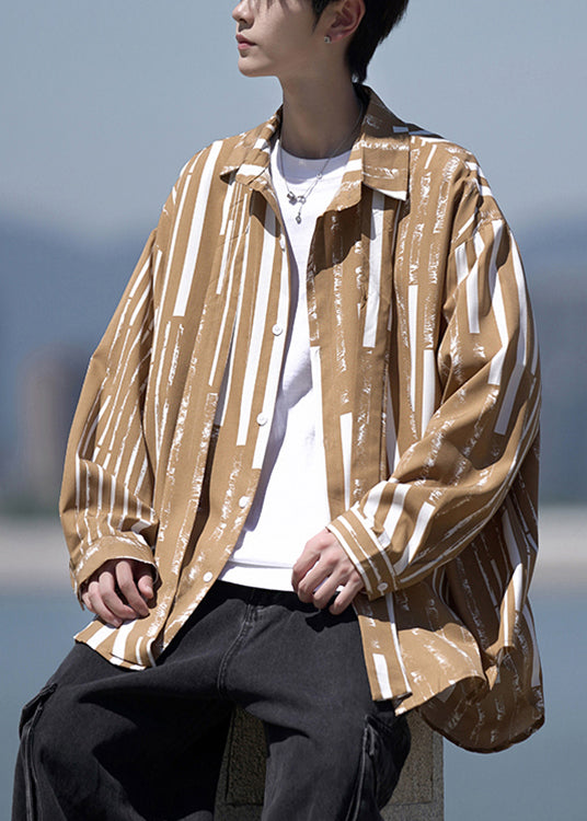 Khaki Collar Original Cotton Men Shirts Design Striped Pan Peter