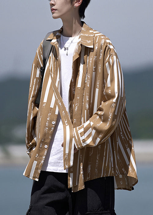 Khaki Collar Original Cotton Men Shirts Design Striped Pan Peter