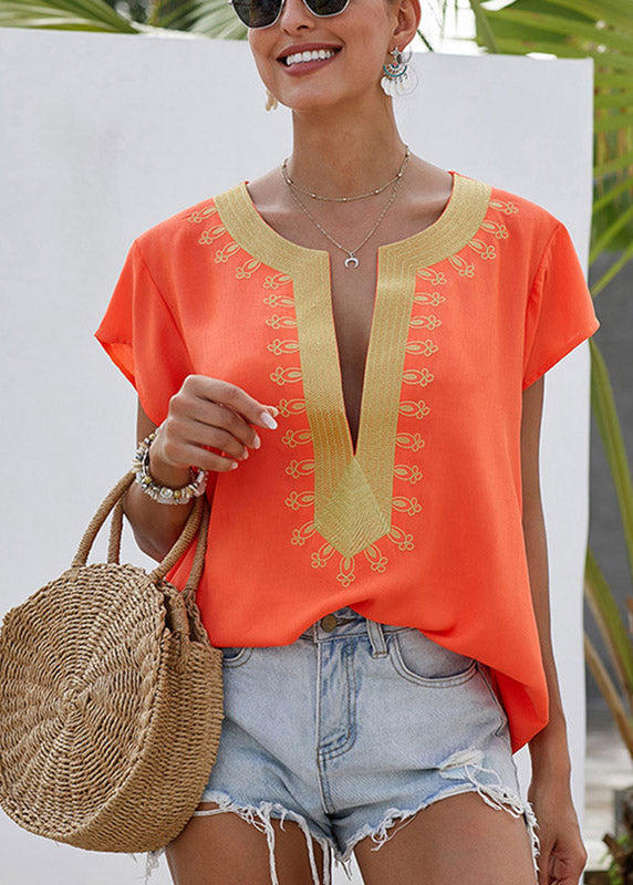 O-Neck Sleeve Short Top Design Original Orange Print