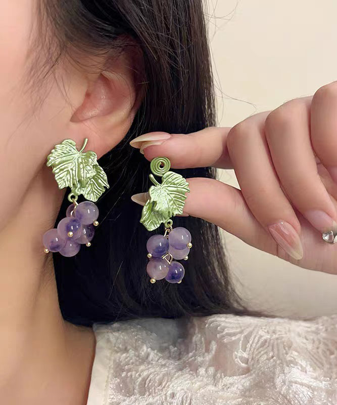 Grape Original Earrings Stud Design Purple Glass Alloy