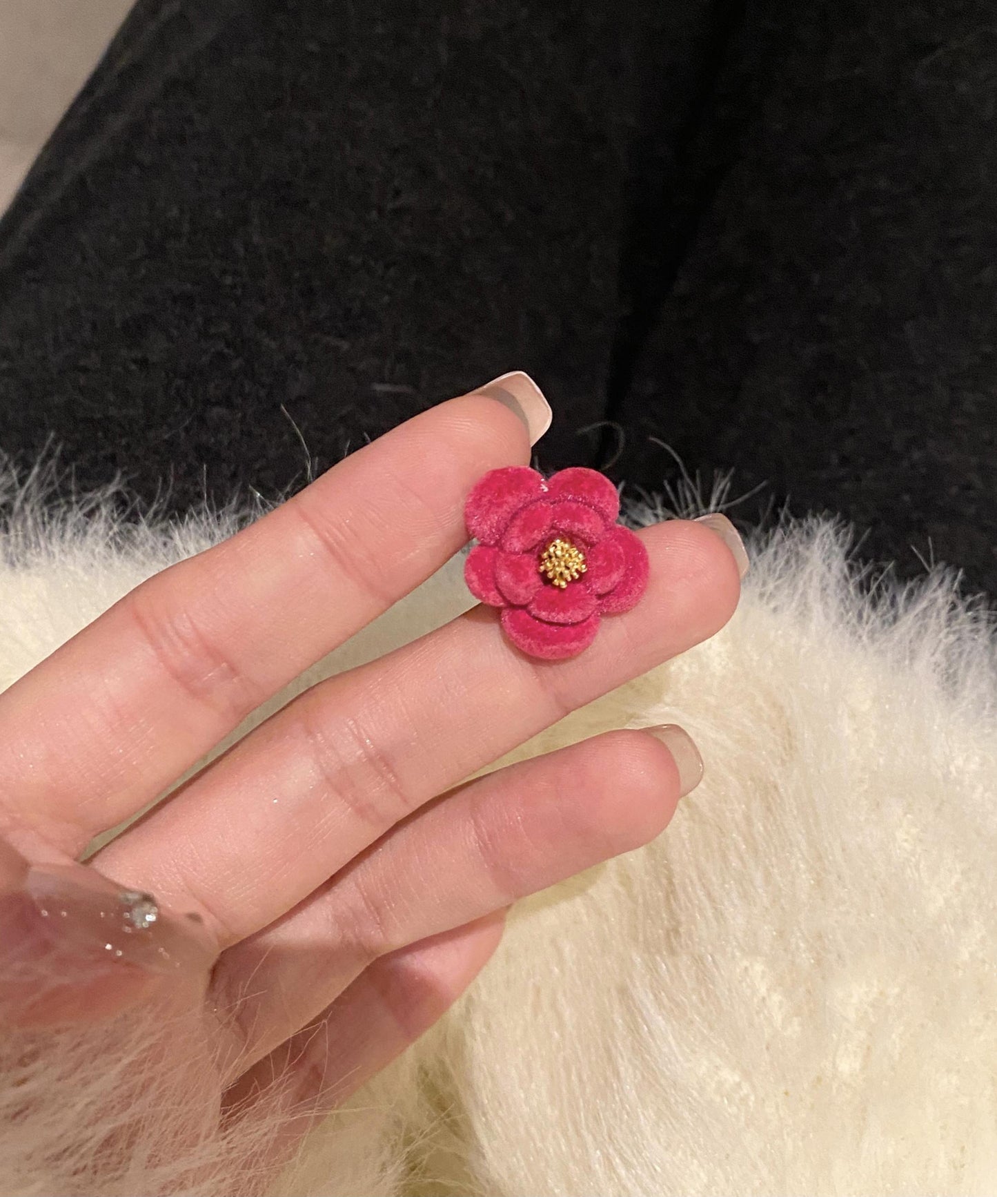 Earrings Red Original Flocking Camellia Design Flower Stud Alloy