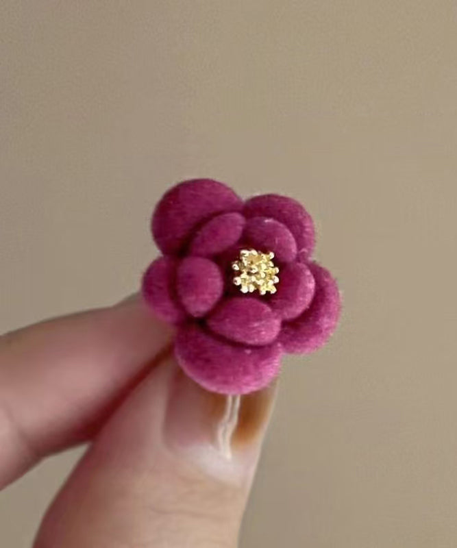 Earrings Red Original Flocking Camellia Design Flower Stud Alloy