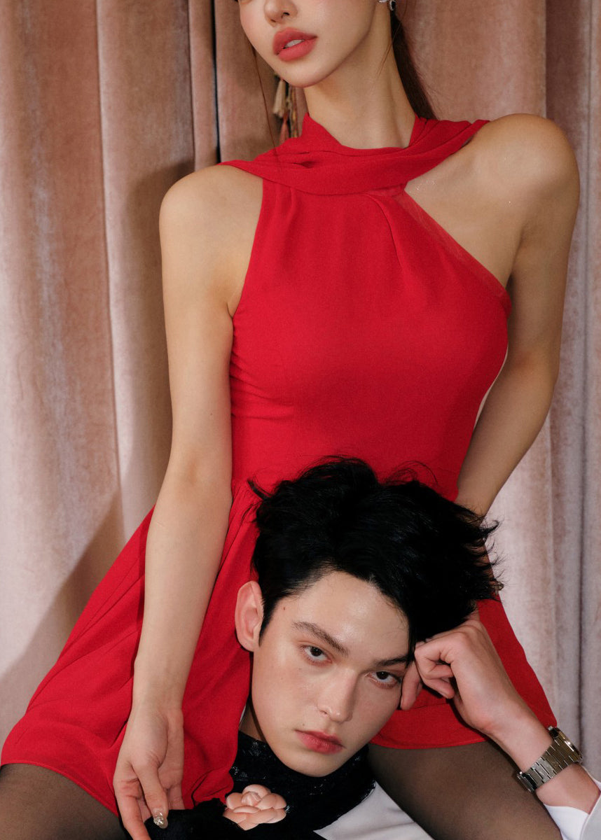 Original Wrinkled Dress Chiffon Shoulder Cold Design Red