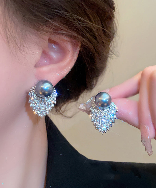 Original Earrings Grey Zircon Pearl Stud Silk Design