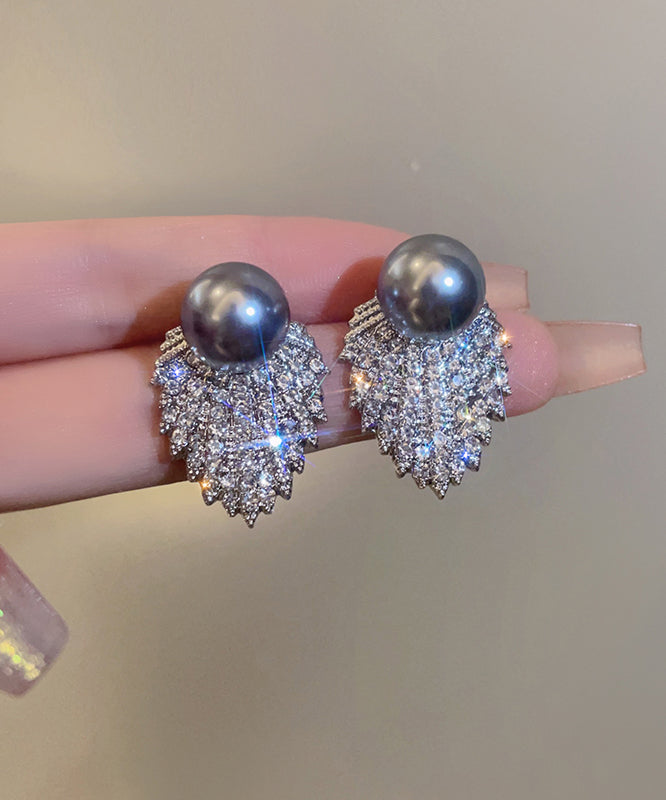 Original Earrings Grey Zircon Pearl Stud Silk Design