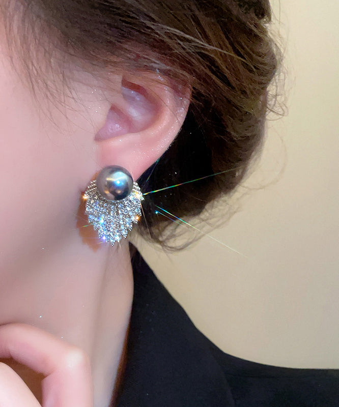 Original Earrings Grey Zircon Pearl Stud Silk Design