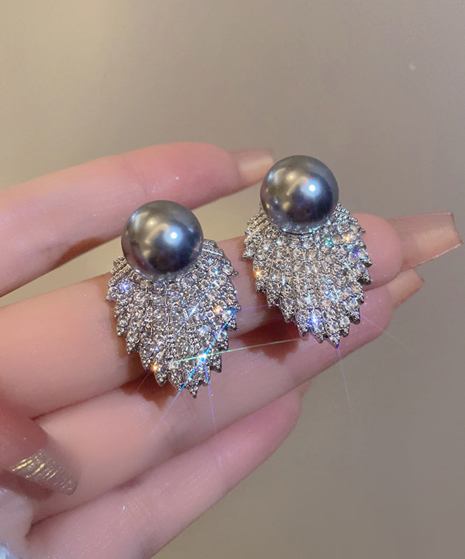 Original Earrings Grey Zircon Pearl Stud Silk Design