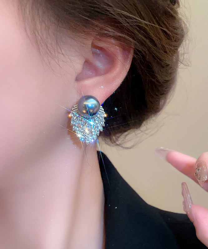 Original Earrings Grey Zircon Pearl Stud Silk Design