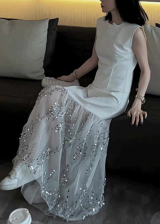 Summer Design Patchwork Tulle Original Long Dress White