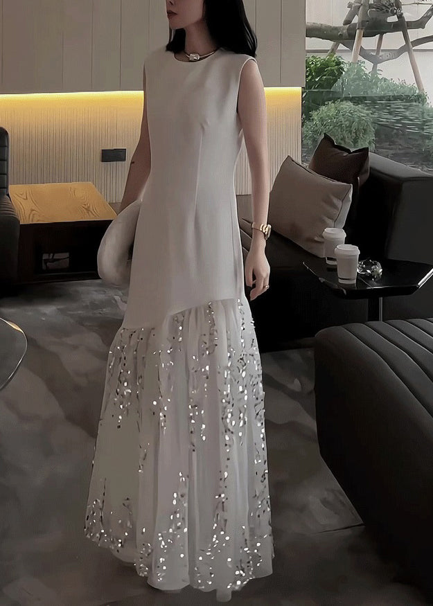 Summer Design Patchwork Tulle Original Long Dress White