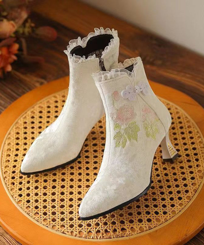 Original Ethnic Style Green Embroidered High Heeled Short Boots CZ1025