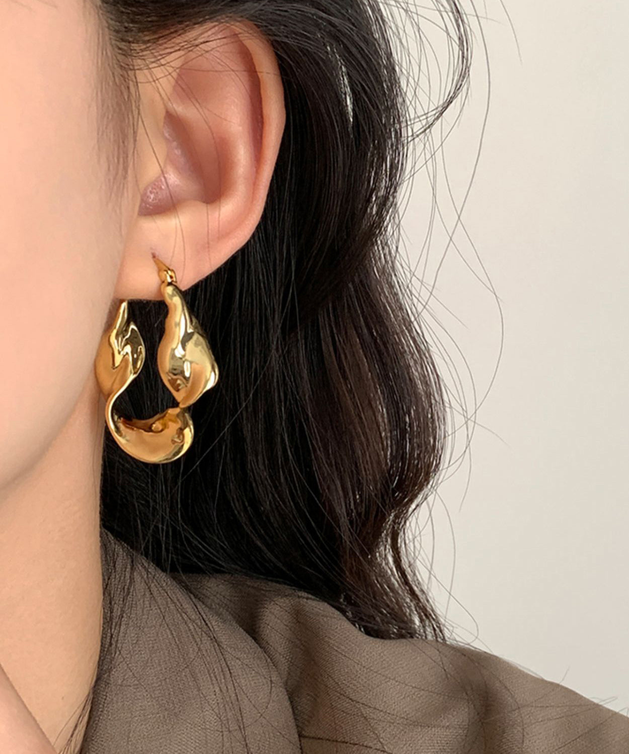 Asymmetrical Overgild Metal Earrings Gold Hoop Original