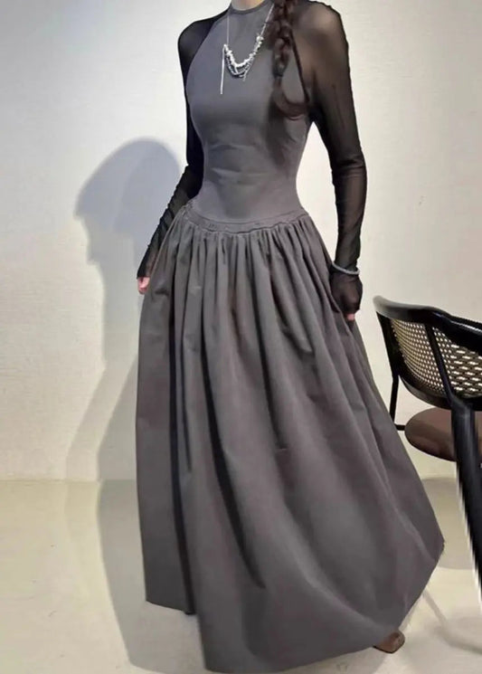 Original Grey O Neck Wrinkled Patchwork Cotton Dresses Spring Ada Fashion
