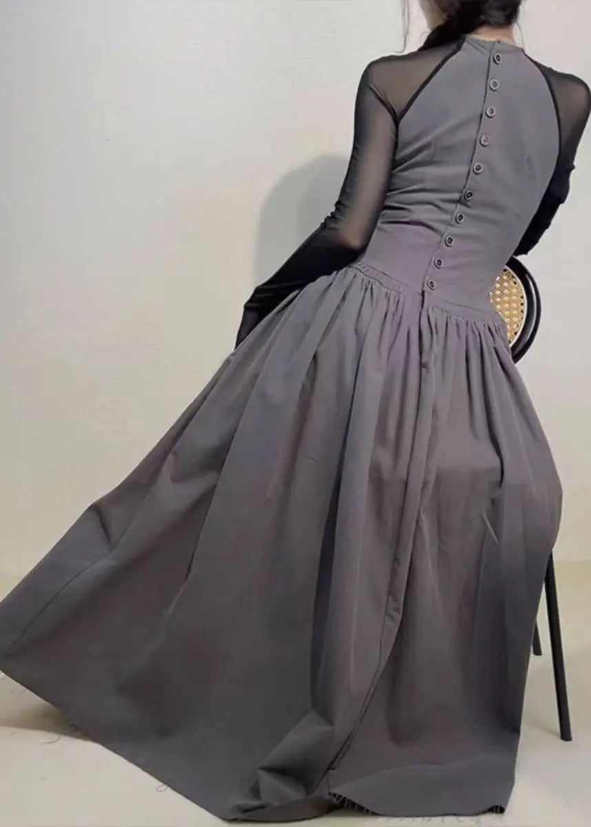Original Grey O Neck Wrinkled Patchwork Cotton Dresses Spring Ada Fashion