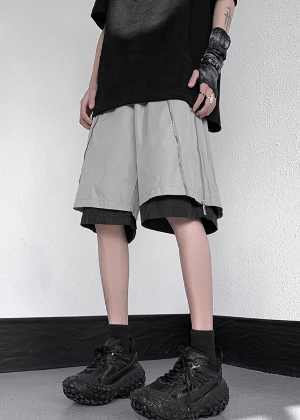 Cotton Two Pieces Original Shorts Zippered Summer Grey Men False