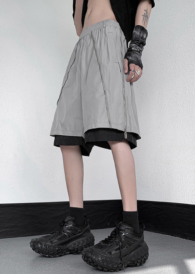 Cotton Two Pieces Original Shorts Zippered Summer Grey Men False