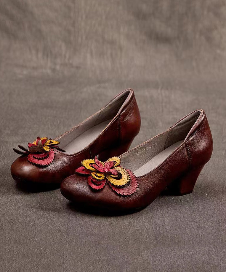 Original Handmade Retro Coffee Floral Chunky Heel CZ1002