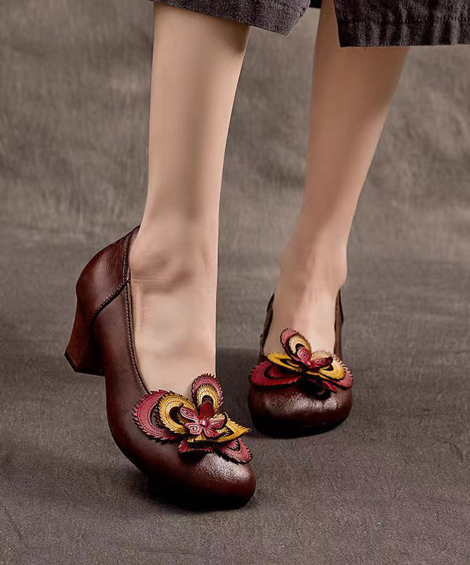 Original Handmade Retro Coffee Floral Chunky Heel CZ1002