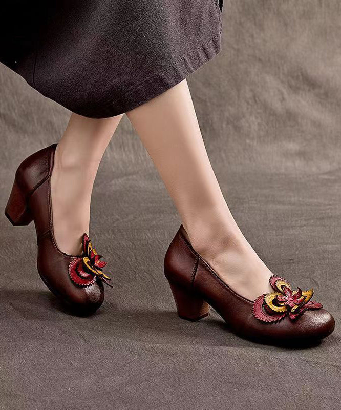 Original Handmade Retro Coffee Floral Chunky Heel CZ1002