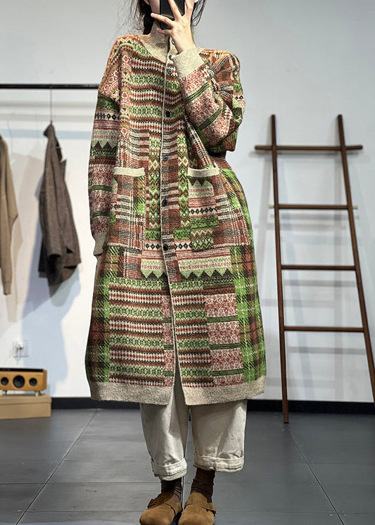 Original Khaki High Neck Print Pockets Knit Cardigans Spring TZ047