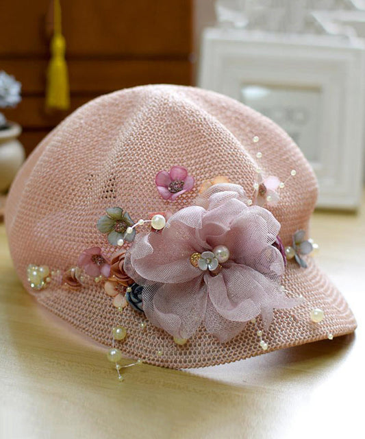 Pink Hat Weaving Breathable Original Pearl New Grass Flower