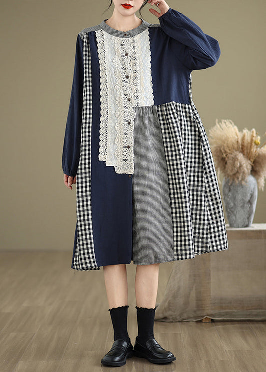 Lace Patchwork O-Neck Plaid Long Dresses Fall Original