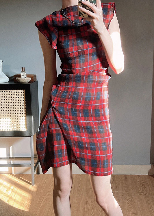 Original Red Plaid O Neck Wrinkled Chiffon Dress Butterfly Sleeve WW1005