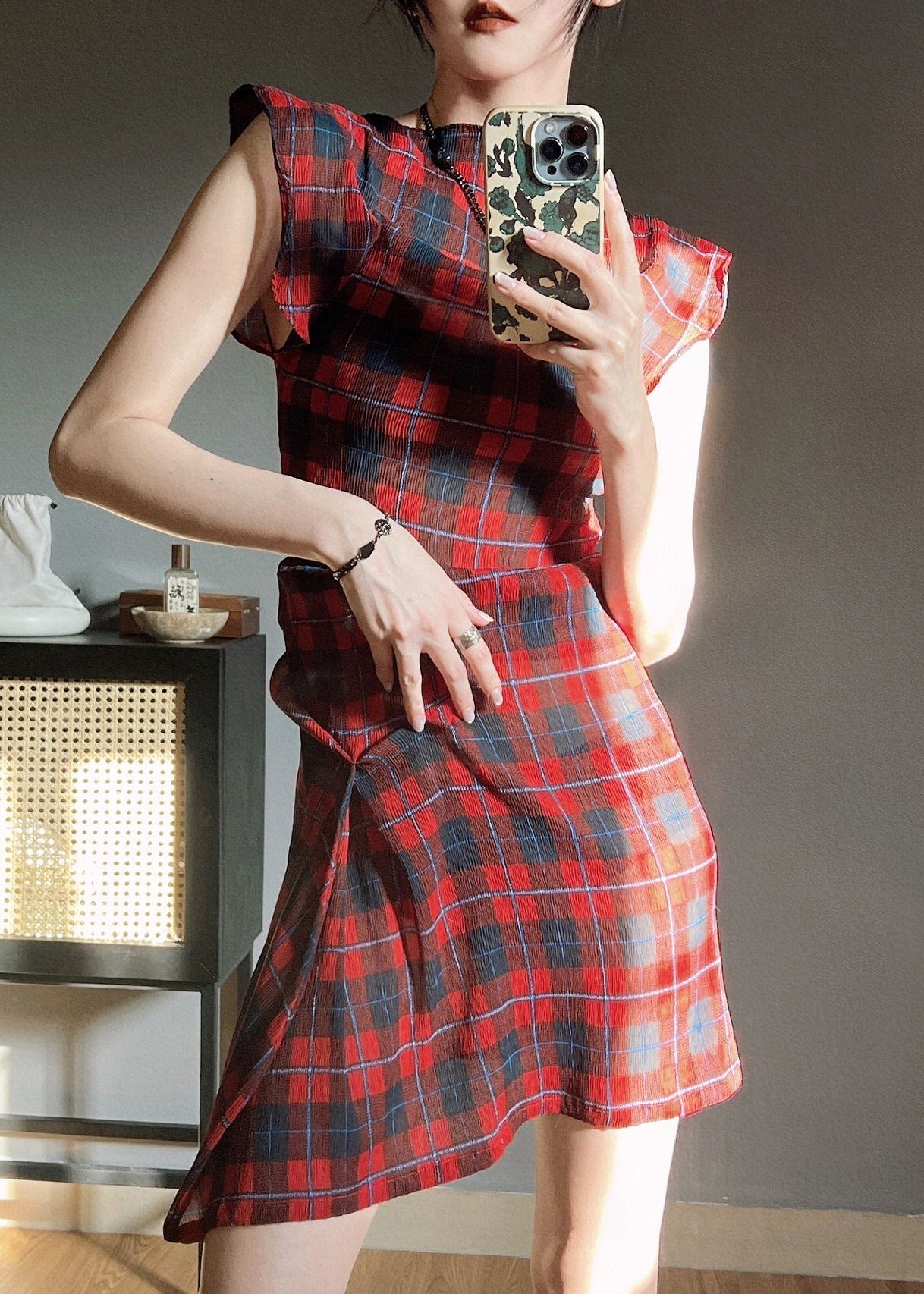 Original Red Plaid O Neck Wrinkled Chiffon Dress Butterfly Sleeve WW1005