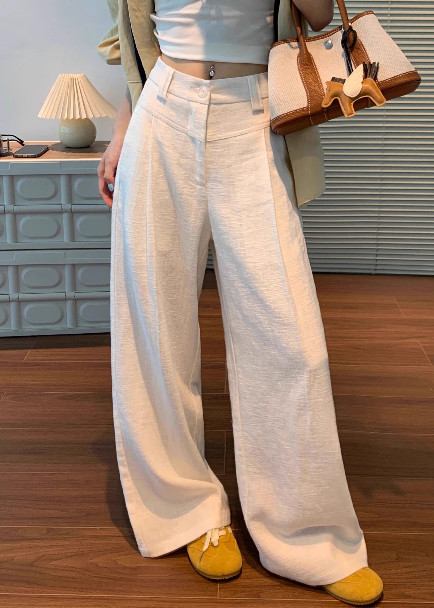 Waist Original Pants Linen Button High White Fall