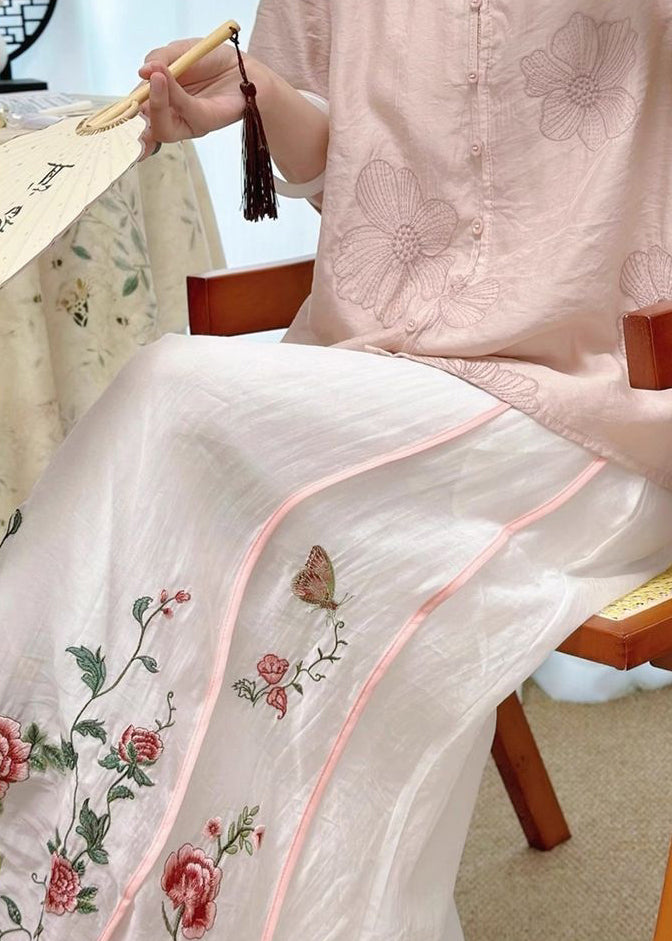 White Elastic Pockets Skirt Embroidered Waist Original Cotton