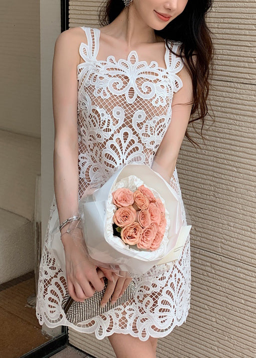 Dress Mid White Hollow Sleeveless Lace Out Original
