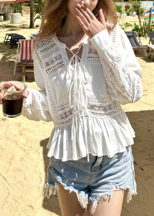 White Cotton Fall Up Hollow Shirt Original Out Lace