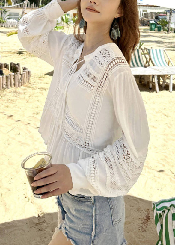White Cotton Fall Up Hollow Shirt Original Out Lace