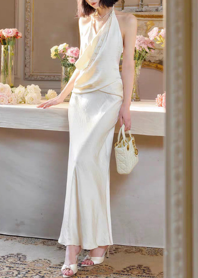 Dress Pearl Long V Backless Sleeveless Silk Original Neck White