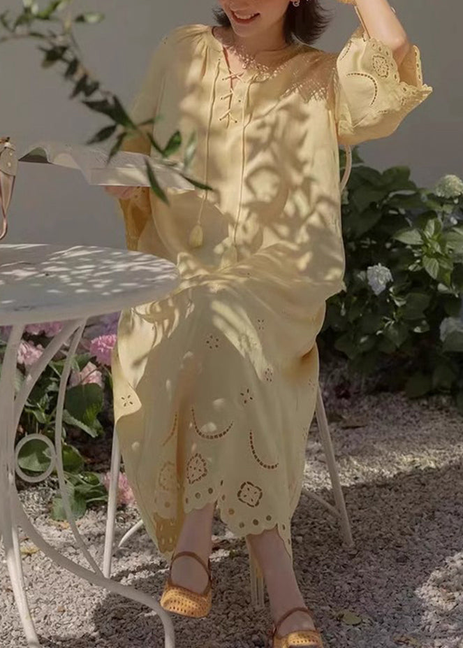 Yellow Fall Cotton Lace Dresses Long Original Up Hollow Out