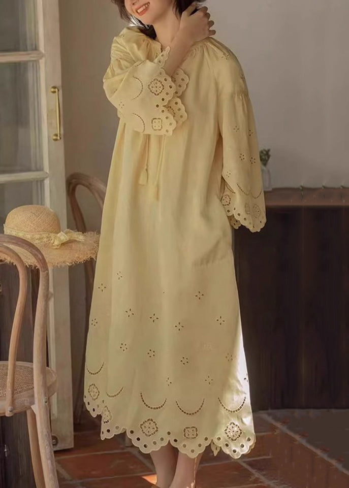 Yellow Fall Cotton Lace Dresses Long Original Up Hollow Out