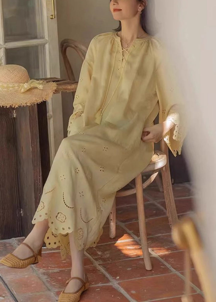 Yellow Fall Cotton Lace Dresses Long Original Up Hollow Out