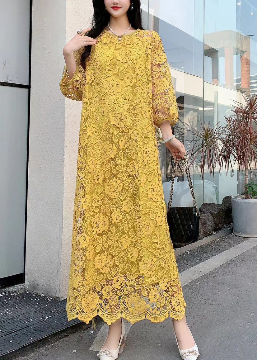 Robe d'été originale en dentelle brodée à col rond jaune et ajourée XX061