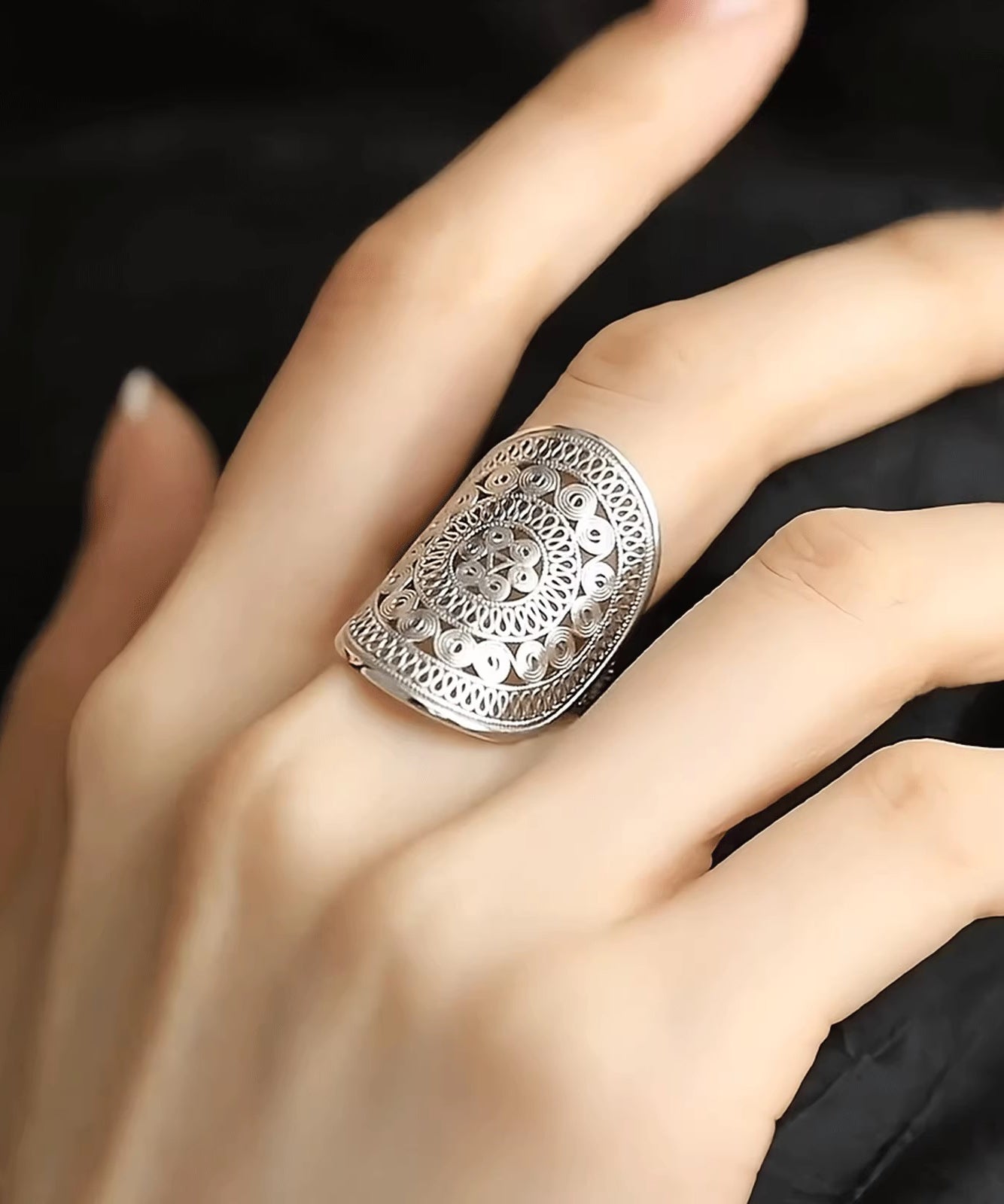 Oversize Silk Sterling Silver Hollowed Out Rings TX019