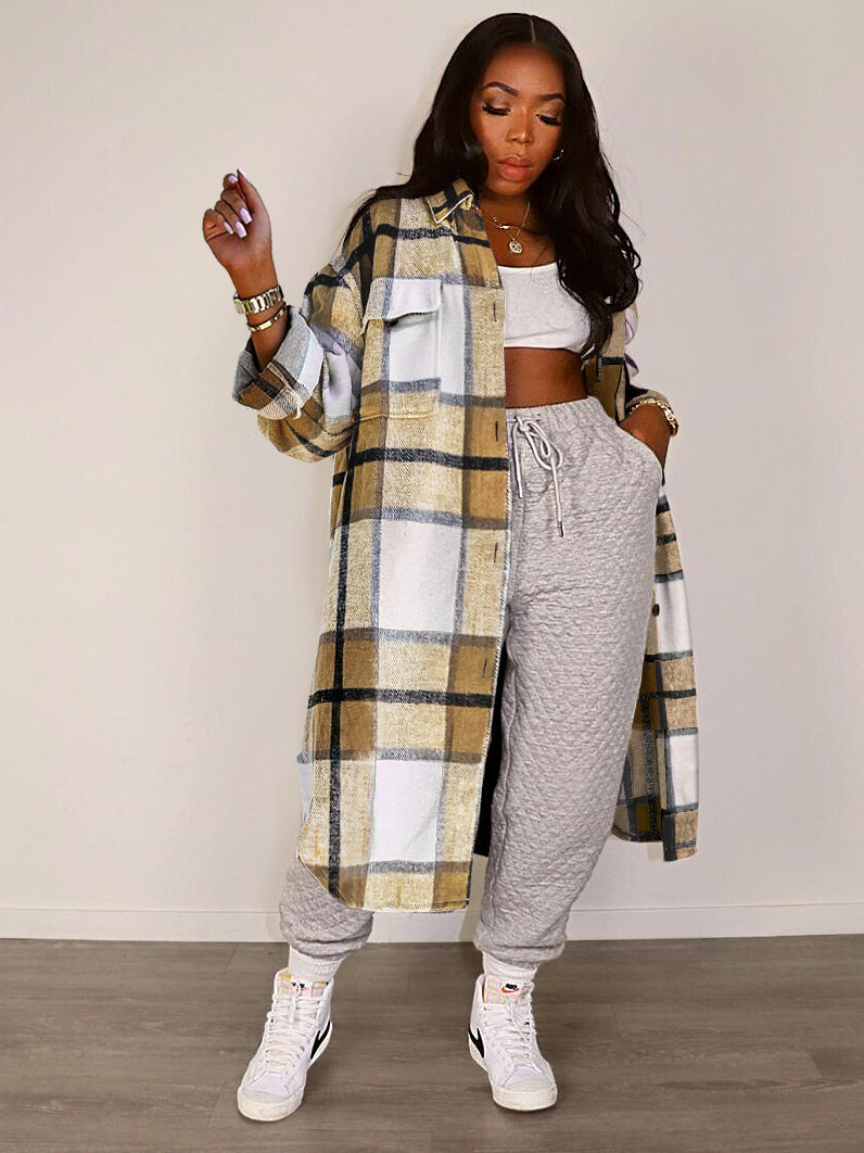 Fall Contrast Color Plaid Long Coat Women AD898