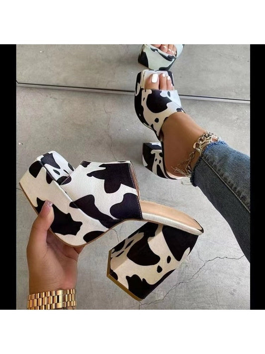 Cow Printed Chunky Heeled Slippers F3890